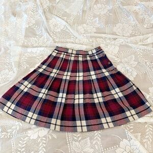 Plaid Red & Navy Pleated Circle Skirt with Side Button Detail